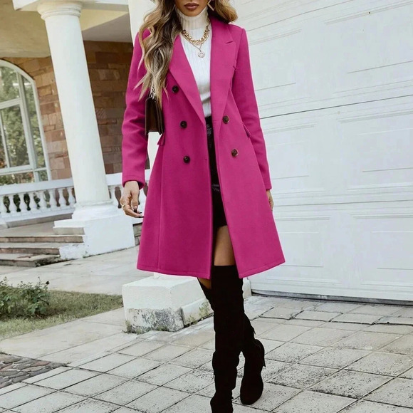 Hot Pink Elegant Women's Lapel Neck Double Breasted Overcoat - Picture 4 of 6